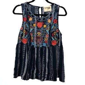NWT Savanna Jane Navy Multicolor Floral Embroidered Sleeveless Peplum Top S